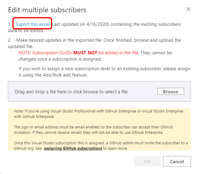 Screenshot of the Edit multiple subscribers dialog. The Export this excel link in the first step is highlighted. Select Export this excel