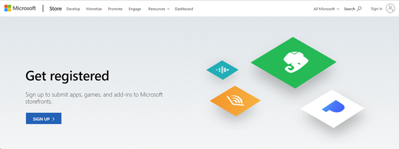 Screenshot of the first step in the registration process. Sign Up is highlighted. Windows Developer Benefit Registration