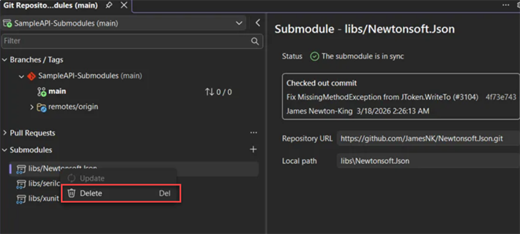 Screenshot of the Git Repository window with the Delete command selected for a submodule.