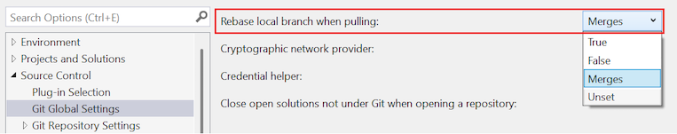 Screenshot that shows the 'Rebase local branch when pulling' option with 'Merges' selected in the dropdown list.