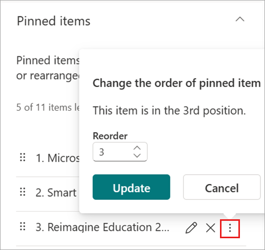 Screenshot of the pinned items property pane with the reorder icon highlighted and number field displayed.