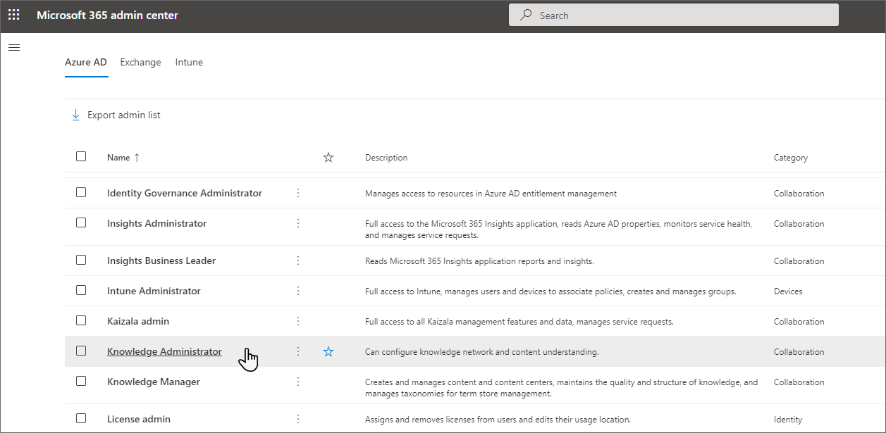 Image of Knowledge Admin selected on the Microsoft Entra ID tab.