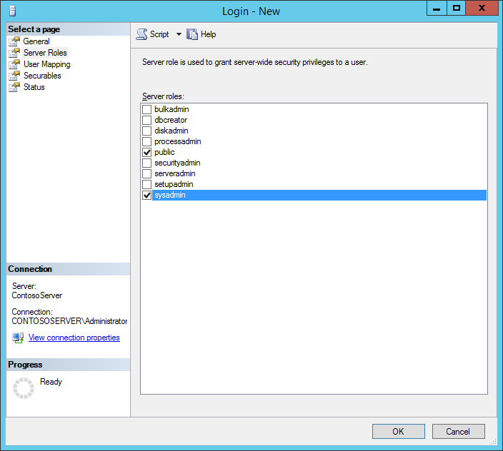 Screenshot of the Server Roles page of the Login dialog box showing the public and sysadmin options selected.