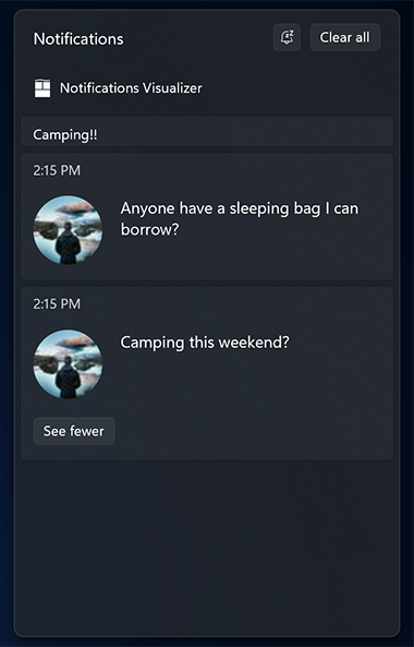 A screenshot of a action center showing multiple notifications for the application Notifications Viewer organized under a header labeled "Camping!".