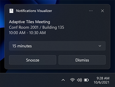 A screenshot of an app notification with lines of text describing the time and location of a meeting. A selection box has "15 minutes" selected and there are buttons labeled Snooze and Dismiss.