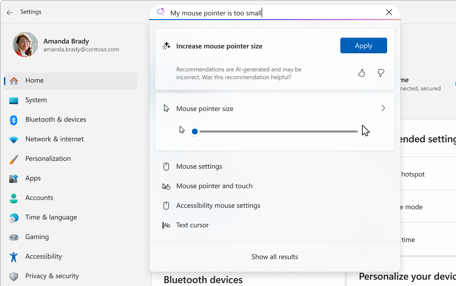 Screenshot of Settings showing the search agent with an example search.