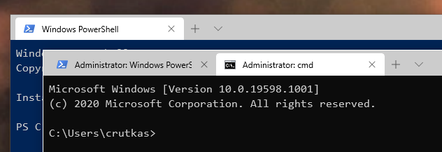 Screenshot of Windows PowerShell and Command Prompt running with administrator permissions showing elevated status in title bar.
