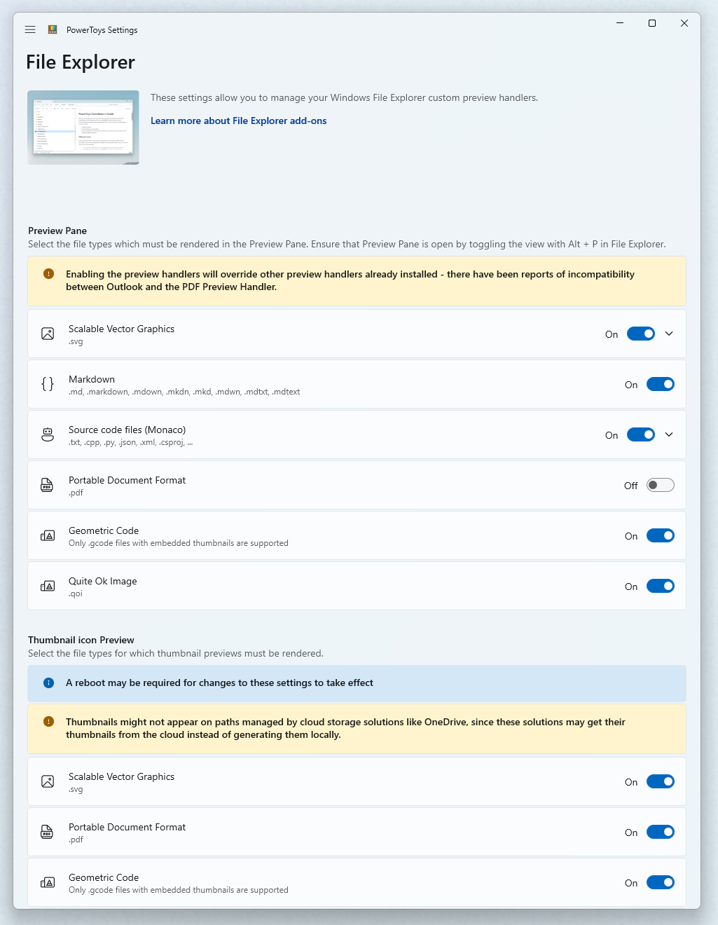 Screenshot of PowerToys settings page showing File Explorer add-ons toggle enabled.
