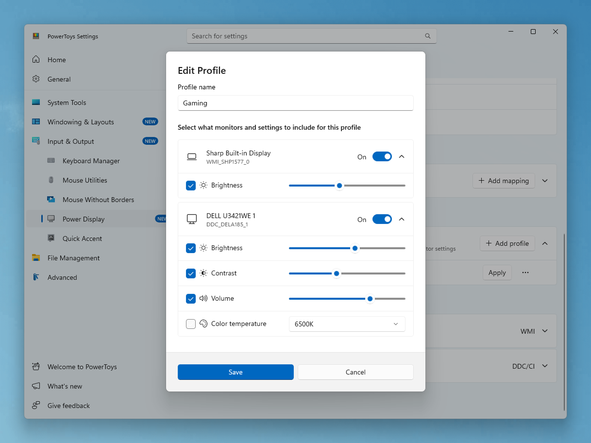 Screenshot of the Edit profile dialog in PowerToys Settings, showing a Gaming profile with brightness, contrast, volume, and color temperature settings selected per monitor.