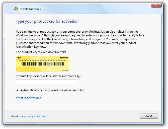 screen shot of 'type your product key' dialog box
