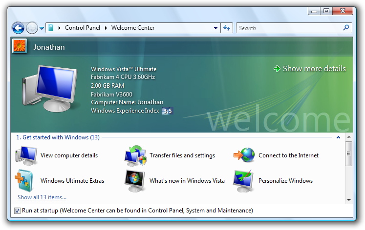 screen shot of 'welcome center' dialog box