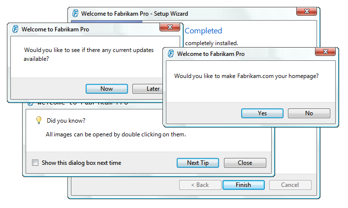 screen shot of five overlapping dialog boxes