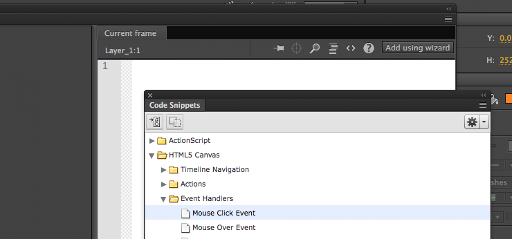 Screenshot of the Code Snippets window with Mouse Click event selected.