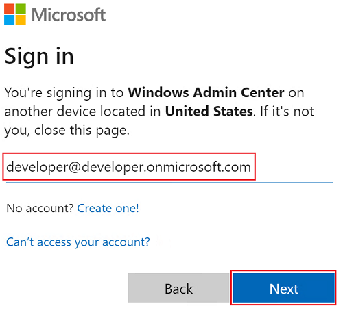 Azure hesabı e-posta adresini girin