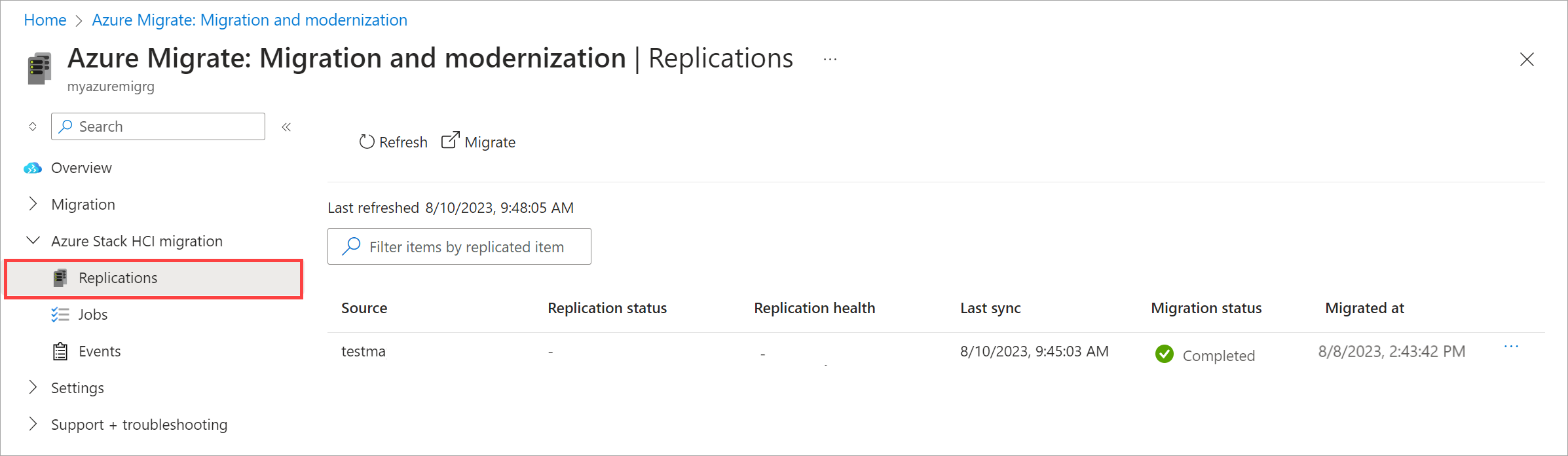 Azure portalındaki listede VM'nin gösterilmediği Çoğaltmalar sayfasının ekran görüntüsü.
