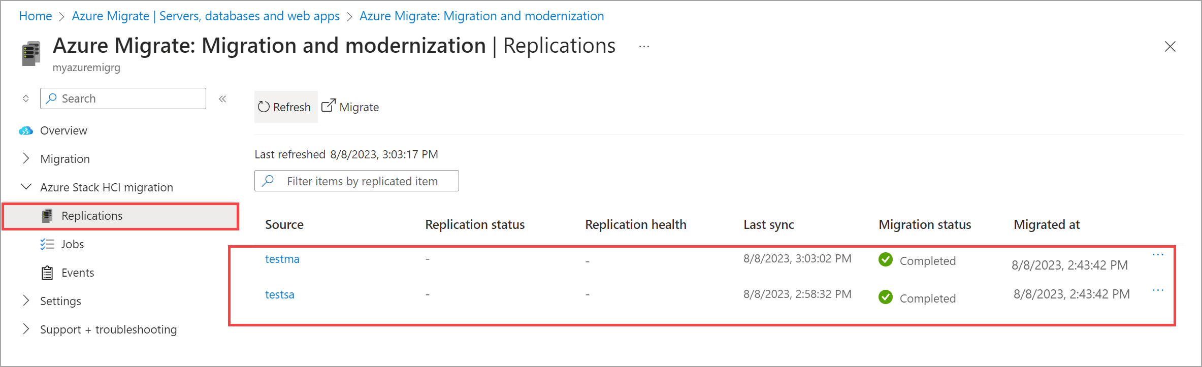 Geçiş durumunun Azure portalında tamamlandığı Geçiş sayfasının ekran görüntüsü.