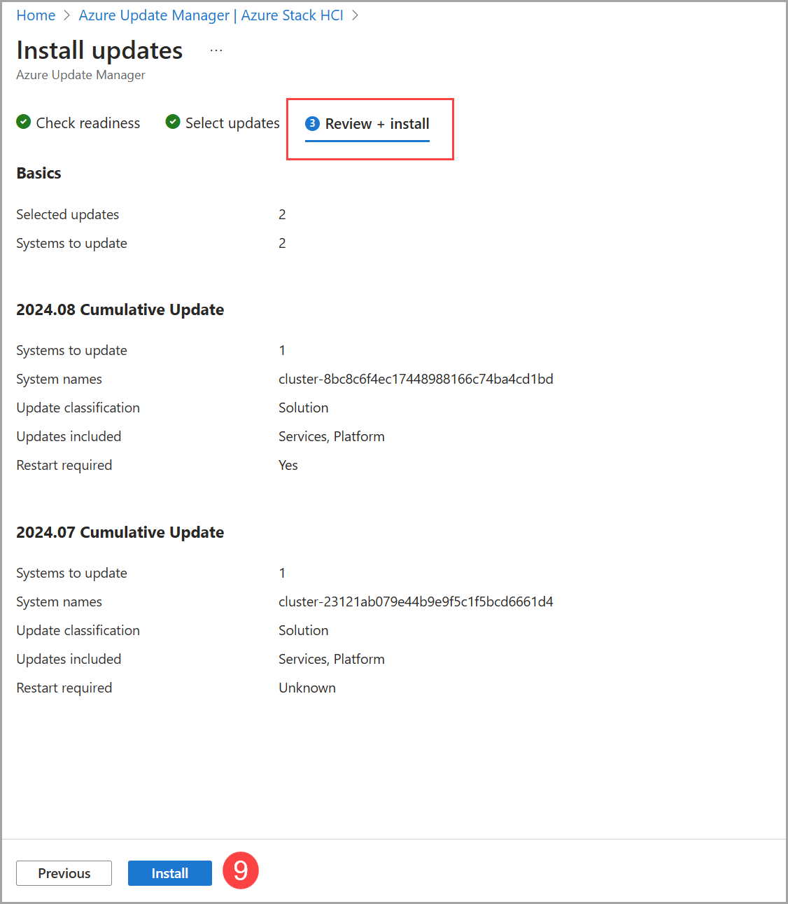 Azure Update Manager'da tek seferlik küme güncelleştirmesi yükleme ekran görüntüsü.