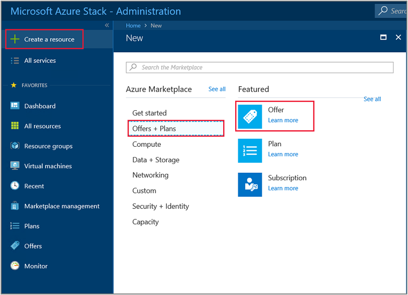 Azure Stack Hub yönetim portalında yeni teklif oluşturmayı gösteren ekran görüntüsü.