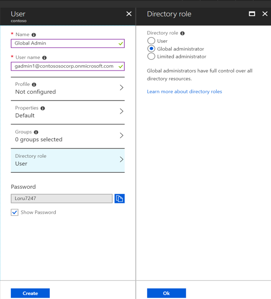 Screenshot that shows the Create button you select when you create a global administrator in Azure AD.
