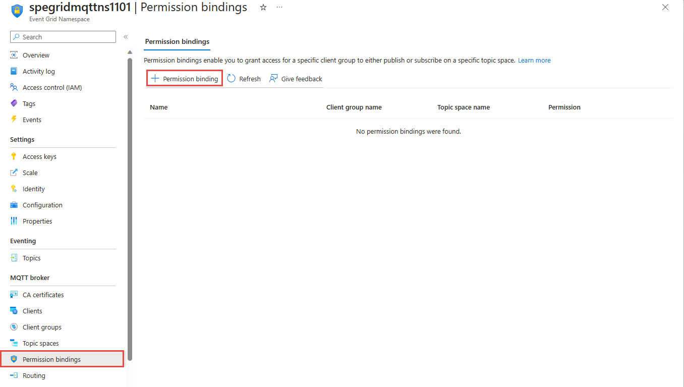 Screenshot that shows the Permission bindings page with the Create button selected.