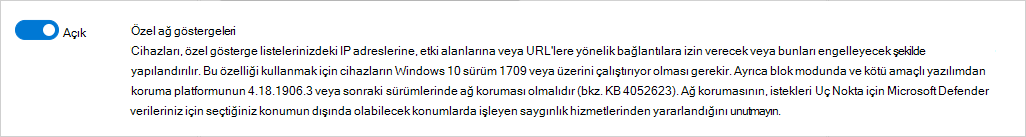 Uç Nokta için Defender'da özel ağ göstergelerini etkinleştirmeyi gösteren ekran görüntüsü.