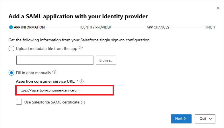 Salesforce SAML bilgilerini el ile doldurun.