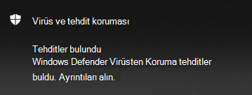 Microsoft Defender Virüsten Koruma Tehditleri bulundu bildirimi, ayrıntıları almak için seçenekler sağlar