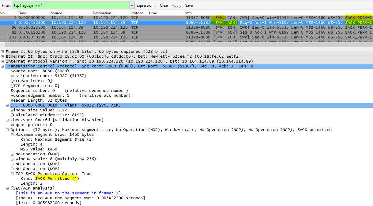 Wireshark'ta tcp.flags.syn == 1 filtresiyle görüldüğü gibi SACK.