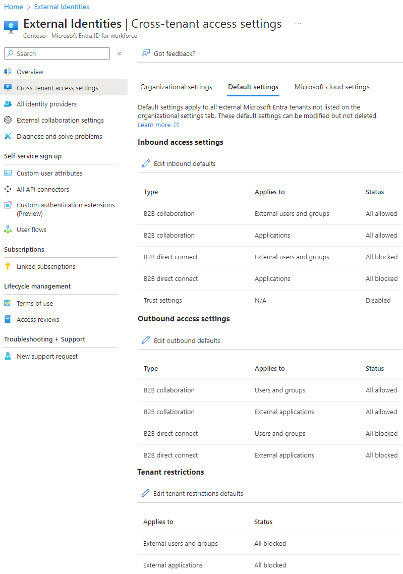 Microsoft Entra Kiracılar arası erişim ayarları sayfasının ekran görüntüsü.