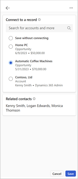 Screenshot showing Connect to a record to save email.