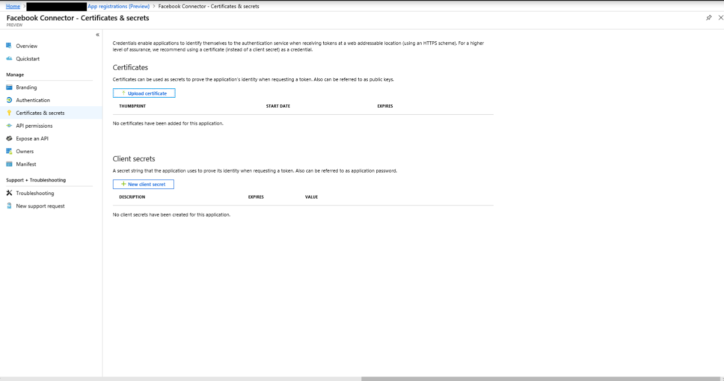 Go to Certificates & secrets for the new app.