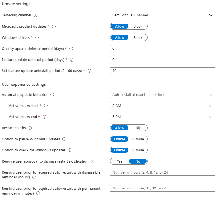 Güncelleştirme ayarları ve Kullanıcı deneyimi ayarlarının ekran görüntüsü.
