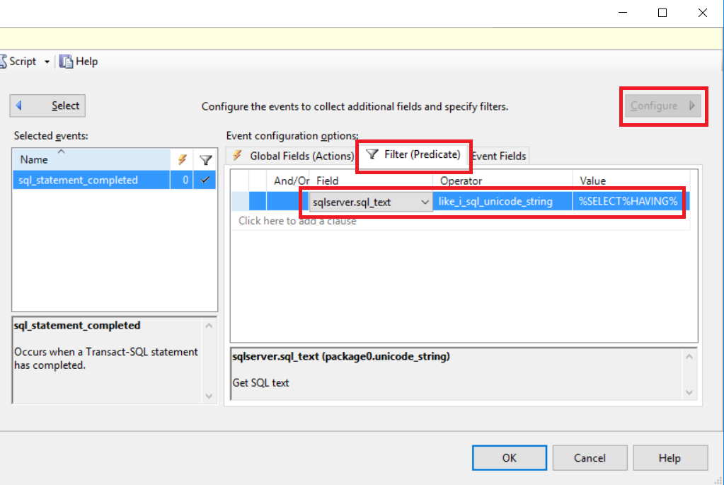 New Session > Events > Configure > Filter (Predicate) > Field