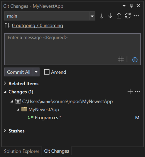 Visual Studio 2022'de Git Değişiklikleri penceresi.