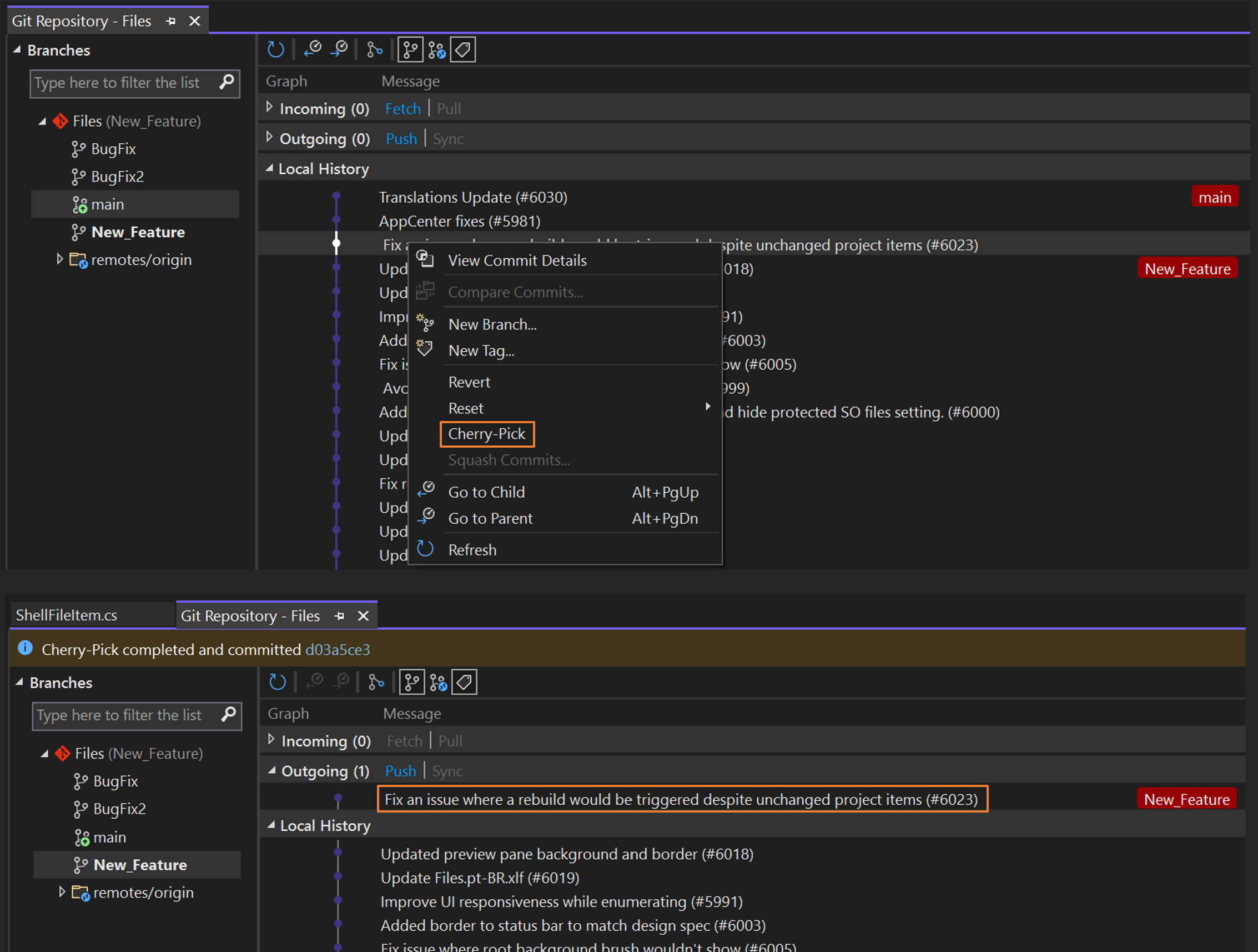 Screenshot of cherry-picking in Visual Studio.