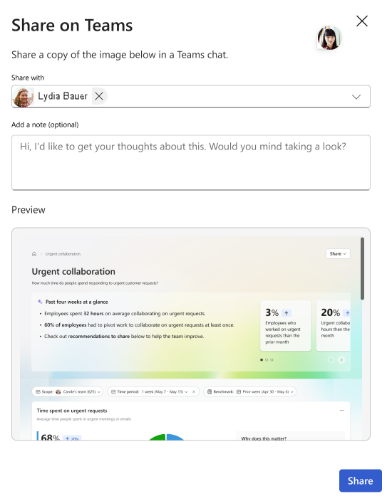 Screenshot that shows sharing an insight via Teams.