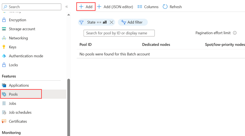Sol taraftaki gezinti bölmesindeki Havuzlar seçeneğini vurgulayan ve Havuzlar sayfasındaki Ekle düğmesini gösteren Bir Batch hesabındaki Havuzlar sayfasının ekran görüntüsü.