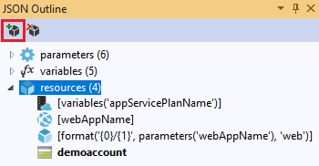 Yeni Kaynak Ekle seçeneğinin vurgulandığı JSON Anahat penceresinin ekran görüntüsü.