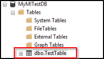 MyMITestDB'deki Tablolar için klasör yapısını gösteren SSMS'deki Nesne Gezgini'nin ekran görüntüsü. Şu dbo. TestTable klasörü vurgulanmış.