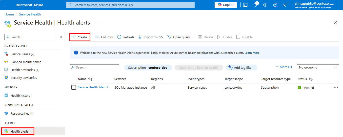 Azure portalındaki Sistem Durumu uyarıları sayfasının ekran görüntüsü. Hizmet durumu uyarısı ekle düğmesi kırmızı kutuludur.