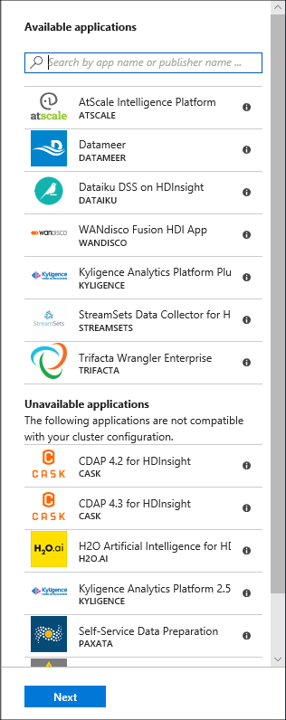 HDInsight'ta mevcut uygulamalar.