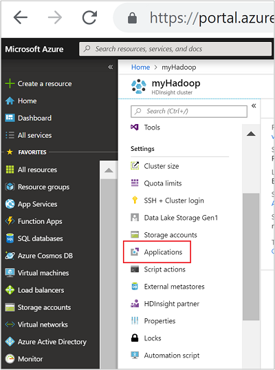 HDInsight uygulamaları portalı menüsü.