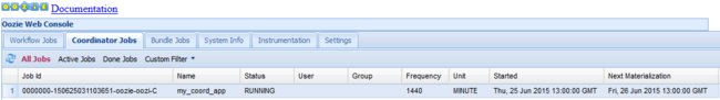 Oozie web konsolu koordinatör görevleri bölümü.