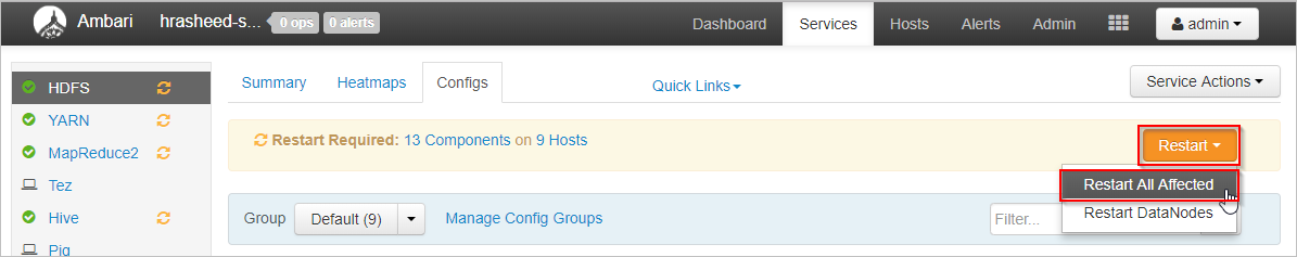 Apache Ambari tüm etkilenenleri yeniden başlatır.