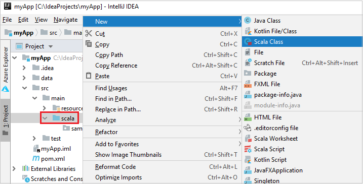 Project'ten Scala sınıfı oluşturmaya yönelik komutlar.