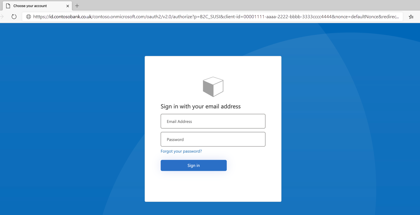 Azure AD B2C ilkesinde oturum açma işleminin ekran görüntüsü.