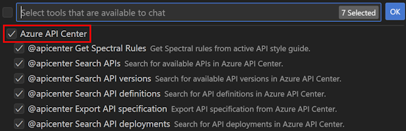 Visual Studio Code'da API Center araçlarını seçme işleminin ekran görüntüsü.