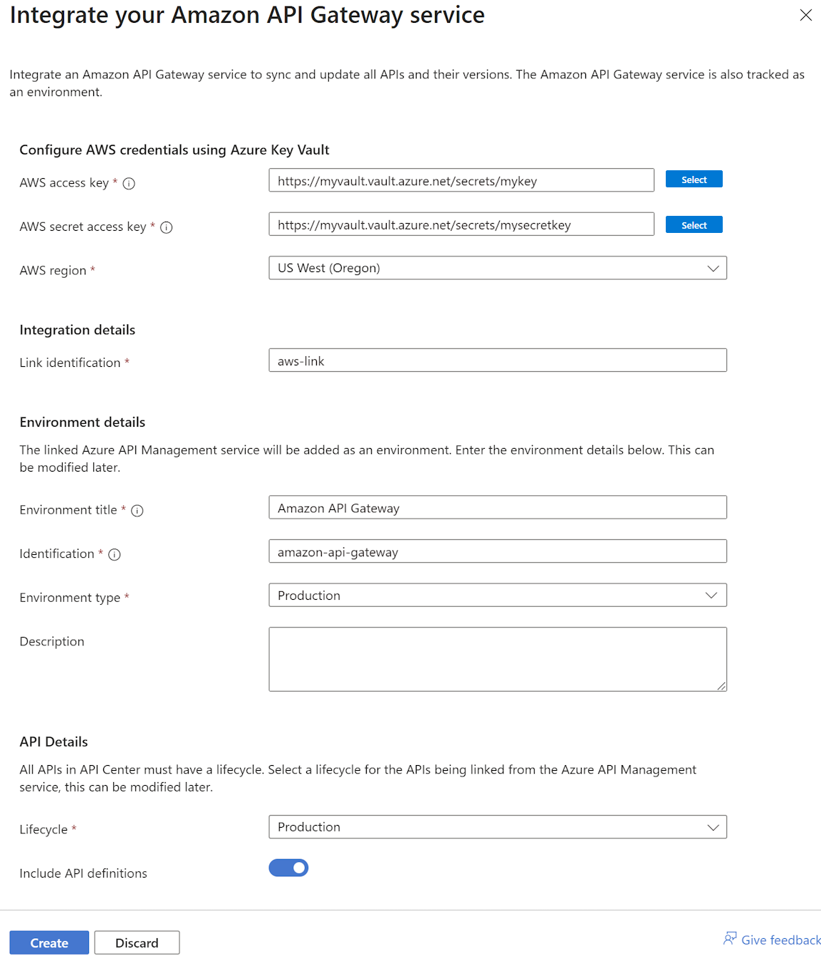 Portalda bir Amazon API Gateway hizmetini tümleştirme işleminin ekran görüntüsü.