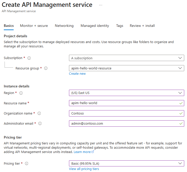 API Management örneği oluşturmak için temel ayarları gösteren ekran görüntüsü.