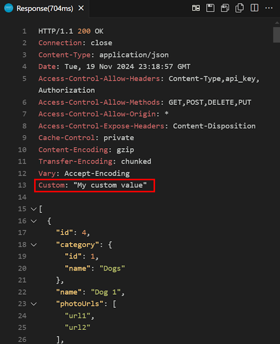 Visual Studio Code'da API test yanıtının ekran görüntüsü.